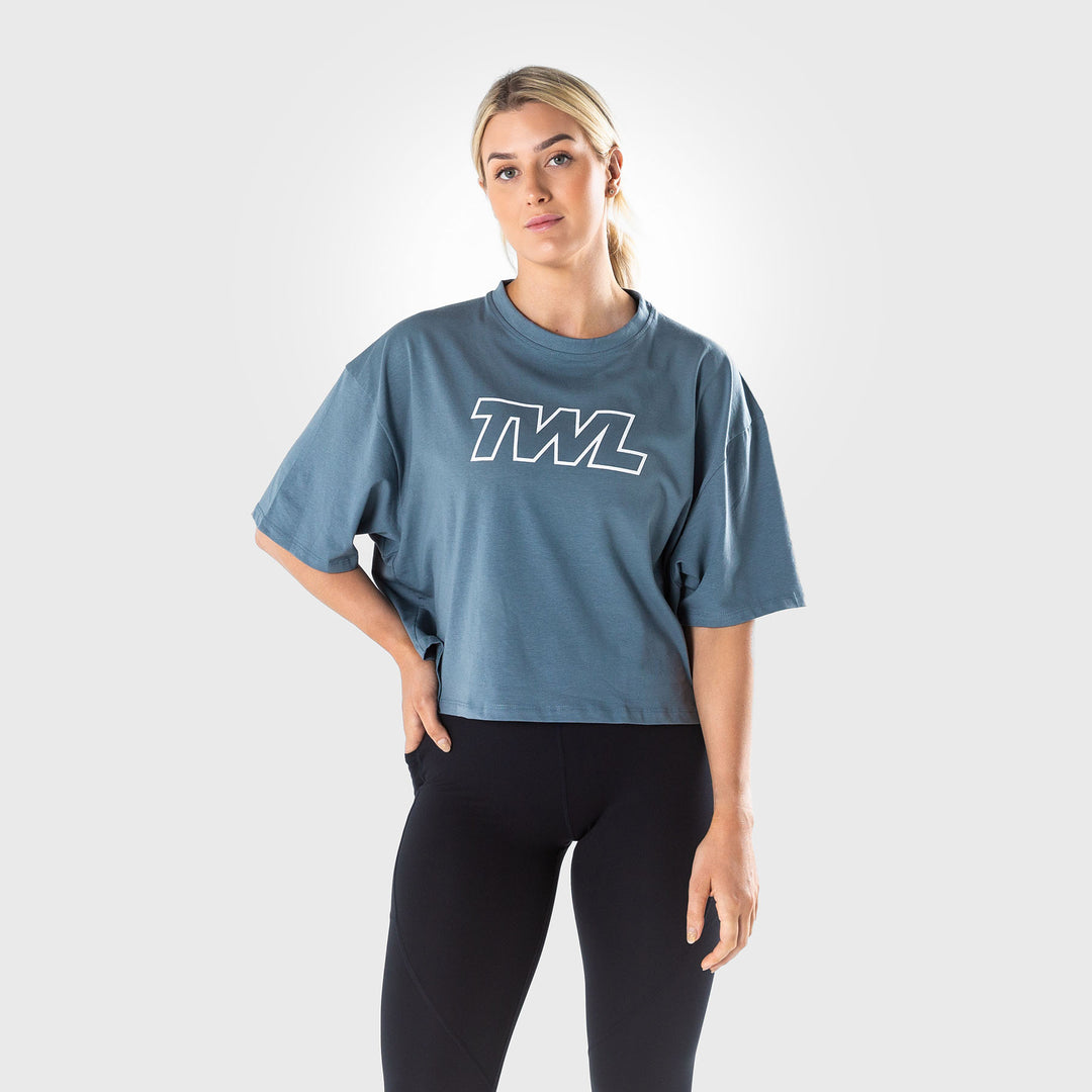 TWL - WOMEN'S OVERSIZED CROPPED T-SHIRT - ATHLETE - PEWTER/WHITE